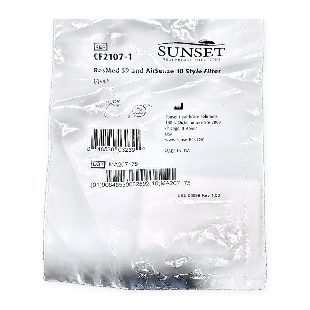 Close-up of the Sunset CF2107-1 package label: ResMed S9 and AirSense 10 style filter, made in USA